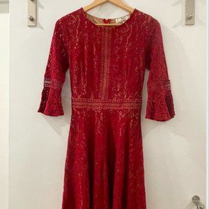 Miss May Women's Vintage Full Lace Contrast Flare Sleeve Big Swing A-Line Dress